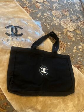 CHANEL Black Canvas Tote with White CC Emblem